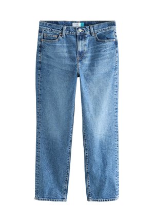 Blaue Straight-Leg-Denim-Jeans mit Knopf- und Reißverschluss, Vordertaschen und Gürtelschlaufen auf weißem Hintergrund.