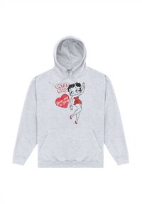 Szara bluzka z kapturem z nadrukiem postaci z kreskówki w czerwonym stroju, z tekstem "Betty Boop Beep Beep a Doop" oraz wzorem serduszka.