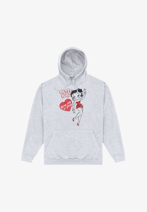 Grå hætte sweatshirt med et trykt tegneseriefigur i en rød dragt, med teksten "Betty Boop Beep Beep a Doop" og et hjerte-design.