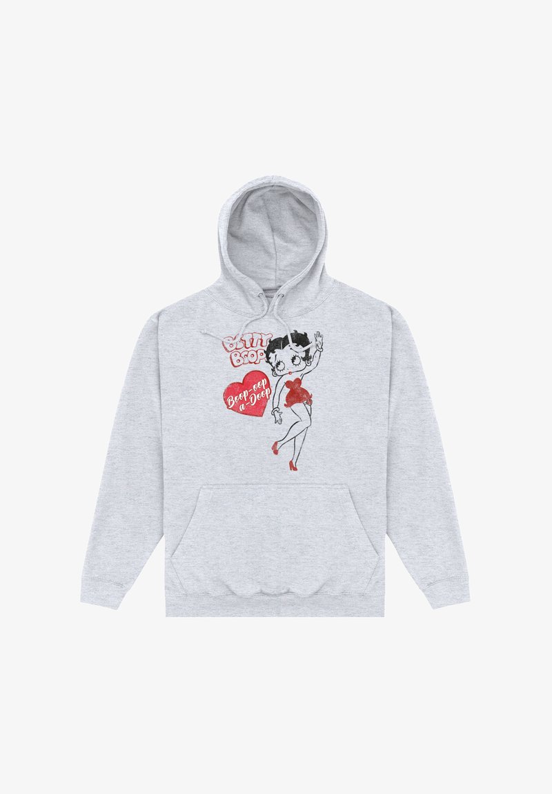Felpa grigia con cappuccio che presenta un personaggio dei cartoni animati stampato con un vestito rosso, con il testo "Betty Boop Beep Beep a Doop" e un design a forma di cuore.