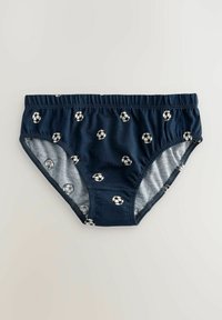 Mutande per bambini blu navy con motivo a pallone da calcio, vita elastica e foderatura grigio chiaro all'interno. Tessuto morbido e elastico.