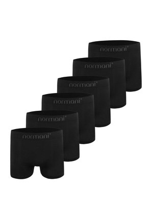 Six black men's boxer briefs with "normani" logo on the waistband, arranged in a diagonal line on a white background.