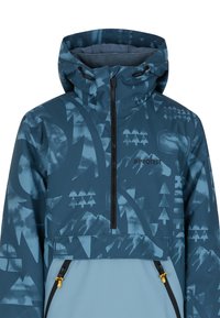 Anorak blu con motivo, caratterizzato da una chiusura frontale con zip, cappuccio regolabile e fondo a contrasto. Include tasche laterali con zip gialle.