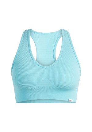 Reggiseno sportivo azzurro chiaro con texture a coste, design a schiena scoperta e una piccola targhetta con il logo sul lato inferiore.
