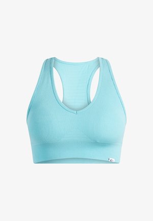Reggiseno sportivo azzurro chiaro con texture a coste, design a schiena scoperta e una piccola targhetta con il logo sul lato inferiore.