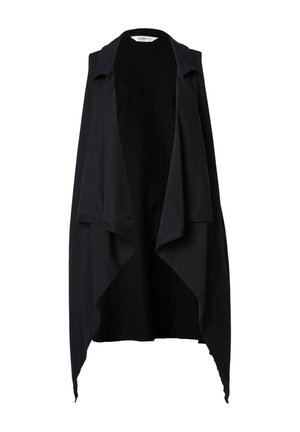 Black sleeveless vest with an open front, made of soft fabric. Features a draped design and asymmetric edges for a flowing silhouette.