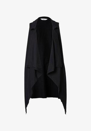 Black sleeveless vest with an open front, made of soft fabric. Features a draped design and asymmetric edges for a flowing silhouette.