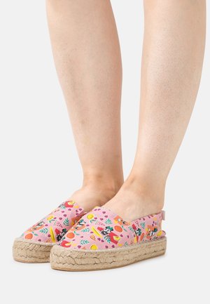 Pink espadrilles with colorful fruit and floral prints; jute soles with a textured finish, slip-on style, and no visible fasteners.