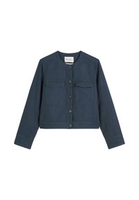 Marineblauwe cropped jas van lichtgewicht stof met een ronde hals, een sluiting met knopen aan de voorkant en twee borstzakken, met lange mouwen.