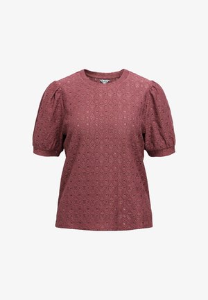 Vínový vršek s nafouklými rukávy z dekorativní krajky, s kulatým výstřihem a propracovanými výřezy ve tvaru diamantů po celé ploše.