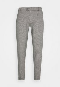 Gray checkered trousers with a slim fit design, featuring a single button closure and belt loops. Material has a smooth texture.
