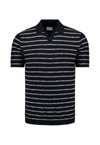 Marineblauwe en grijs gestreepte polo, gemaakt van gebreide stof, met een kraag en korte mouwen, met een subtiele textuur en een schone afwerking.