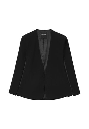 Blazer nero con taglio aderente, maniche lunghe e scollatura a V profonda. Realizzato in tessuto liscio, presenta nessun fissaggio o abbellimento visibile.