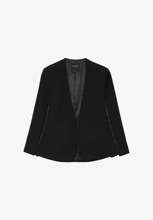 Blazer nero con taglio aderente, maniche lunghe e scollatura a V profonda. Realizzato in tessuto liscio, presenta nessun fissaggio o abbellimento visibile.