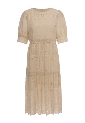 Licht beige midi-jurk met pofmouwen, ronde halslijn, oogjesborduurwerk, kanten afwerking bij taille en onderkant van de rok, en een geplooide gelaagde rok.
