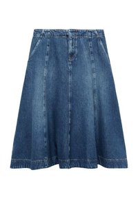 Kankurihame, jossa on levenevä muotoilu, puolipitkä pituus, vaaleansininen väri, joustava vyötärö ja sivutaskut. Sisältää vaakasuoria ompeluyksityiskohtia.