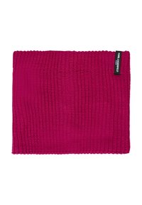 Scaldacollo lavorato a maglia di un vivace colore rosa, caratterizzato da una texture a coste e un'etichetta di marca su un lato. Forma rettangolare, realizzato in materiale morbido.