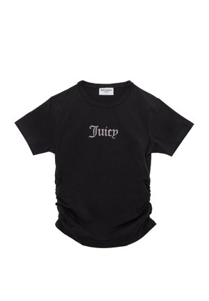 T-shirt nera a maniche corte arricciate con testo "Juicy" in strass centrato sul petto e scollo rotondo.