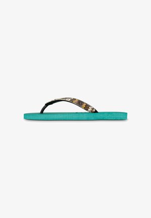 Flip-flop sandal with a turquoise sole, black strap, and a textured brown and yellow patterned upper. Flat design with a smooth finish.