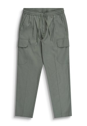 Grey-green cargo pants with elastic waistband, adjustable drawstring, side flap pockets, and angled side hand pockets, shown flat on white background.