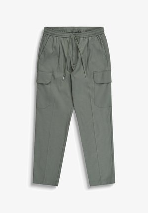 Pantalon cargo gris-vert avec taille élastique, cordon de serrage ajustable, poches à rabat latérales et poches latérales inclinées, présenté à plat sur fond blanc.