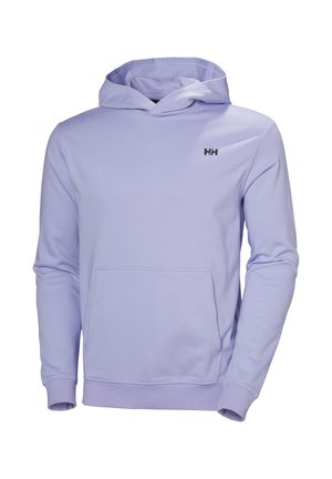 Jasnofioletowa bluza z kapturem Helly Hansen z przednią kieszenią typu kangur i małym czarnym logo "HH" na piersi, prezentowana na białym tle.