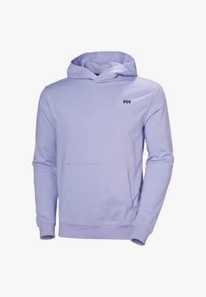 Hellviolette Helly Hansen Kapuzenjacke mit vorderer Kängurutasche und kleinem schwarzem "HH"-Logo auf der Brust, dargestellt vor weißem Hintergrund.