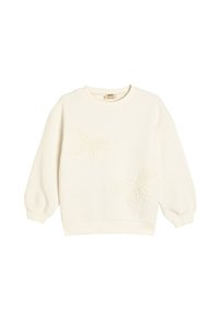 Witte sweater met lange mouwen, voorzien van geborduurde vlinderontwerpen aan de voorkant. Zacht materiaal met een relaxte pasvorm en geribbelde manchetten.