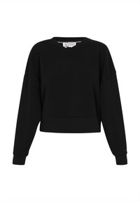 Sweatshirt negru scurt, cu decolteu în V, mâneci lungi și tiv distras. Confecționat din material moale din bumbac, având o croială relaxată.