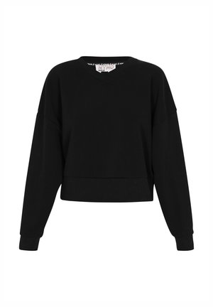 Felpa nera cropped con scollatura a V, maniche lunghe e orlo a coste. Realizzata in morbido cotone, presenta una vestibilità comoda.
