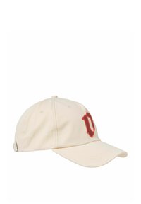 Cotton baseball cap in light beige with a curved brim and red embroidered logo on the front. Adjustable metal strap at the back.