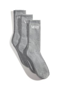 Tres pares de calcetines gris medio con puños acanalados, con un logo blanco de "VANS" en la parte delantera y una textura suave.