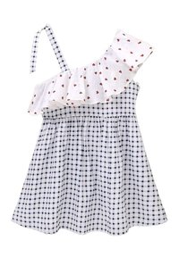 Abito a quadri bianco e blu navy con una spallina, scollatura arricciata e motivi a cuore rossi sulla ruffles. Gonna arricciata.