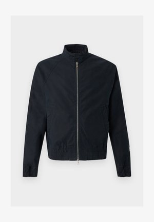 Black long-sleeve jacket with high collar, front zipper, snap button closure, elastic cuffs and hem, and two side pockets.