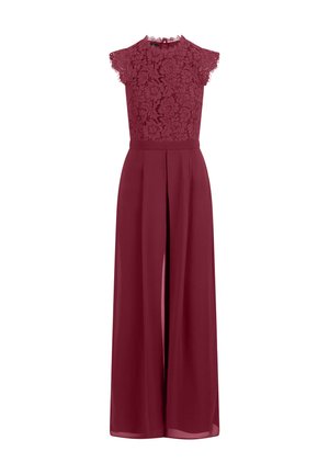 Burgunderfarbener Jumpsuit mit Spitzenoberteil und kurzen Ärmeln, tailliertem Bund und weit schwingenden Hosen mit Schlitzdetail vorne.