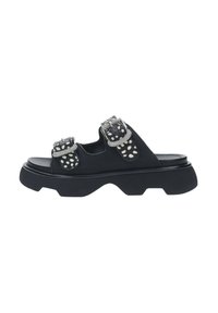 Sandali platform neri con doppi fibbie decorative con accenti argentati, tomaia testurizzata e suola spessa e sagomata.