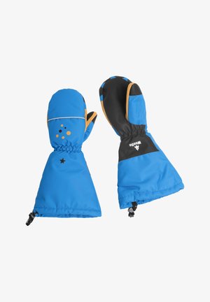 Guanti blu con accenti gialli e neri, esterno impermeabile, palmi neri texturizzati e polsini elasticizzati per una vestibilità aderente. Motivi a stella e esagono.