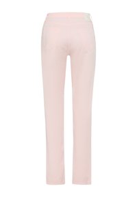 Roze katoenen broek van een katoenmix, met een recht model, voorzien van twee achterzakken en een gladde textuur. De tailleband heeft een label.