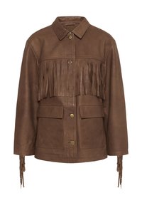 Giacca in pelle marrone con dettagli in frange su petto e maniche. Presenta un colletto e due tasche frontali. Inclusi bottoni in ottone.