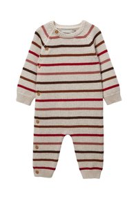Combinaison tricotée rayée en beige, marron, rouge et rose. Dotée d'un col rond, de boutons en bois à l'épaule et de jambes fuselées.