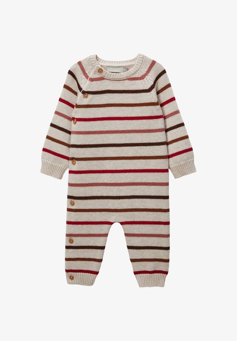 Combinaison tricotée rayée en beige, marron, rouge et rose. Dotée d'un col rond, de boutons en bois à l'épaule et de jambes fuselées.