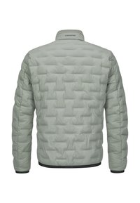 Hellgraue Steppjacke mit glatter Textur. Ausgestattet mit hohem Kragen und elastischen Bündchen. Markenlogo am Kragen und Saum.