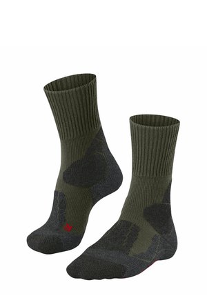 Calzini al ginocchio di colore verde scuro con polsini a coste, punte rinforzate e accenti decorativi grigio scuro per una maggiore durabilità e comfort.