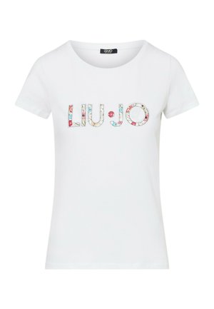 T-shirt bianca a maniche corte con logo "LIU·JO" sul petto riempito con motivo floreale colorato.