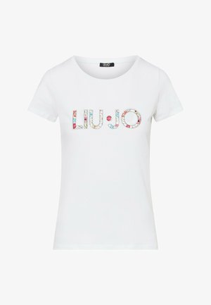 Camiseta blanca de manga corta con el logo "LIU·JO" en el pecho relleno con un patrón floral colorido.