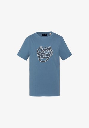 Blaues T-Shirt mit kurzen Ärmeln und Rundhalsausschnitt, vorne mit weißem und schwarzem "Schott Official"-Schriftzug bedruckt.