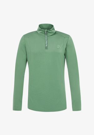 Ilgas rankoves šviesiai žalias megztinis su pusiau užtraukiamu apykaklės užtrauktuku, su subtiliu logotipu ir lygiu paviršiumi. Be kišenių ar raštų.