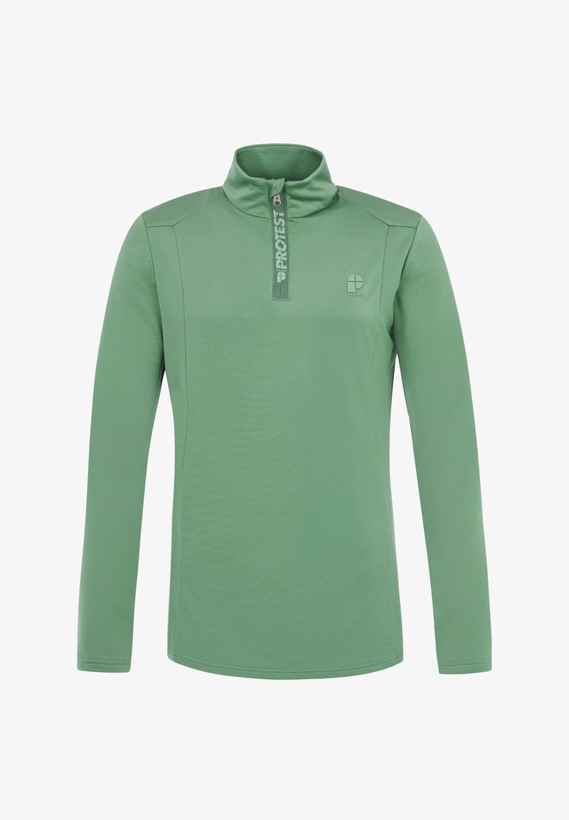 Dug dug, svijetlozeleni pulover dugih rukava s polu-zip ovratnikom, s suptilnim logom i glatkom teksturom. Bez džepova ili uzoraka.