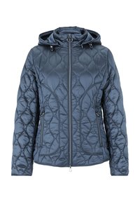 Gevoerde jas in donkerblauw, met een geborduurd patroon, een ritssluiting aan de voorkant, een capuchon met trekkoorden en twee zijzakken met ritssluitingen.