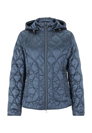 Padded jacket in dark blue, featuring a quilted pattern, zip front, hood with drawstrings, and two side pockets with zip closures.